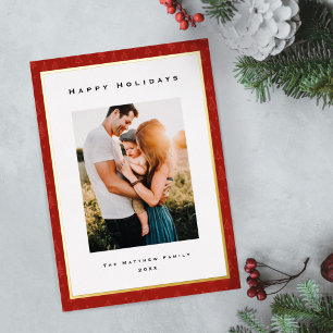 Modern Gold Foil and Red Border Family Photo Holiday Card