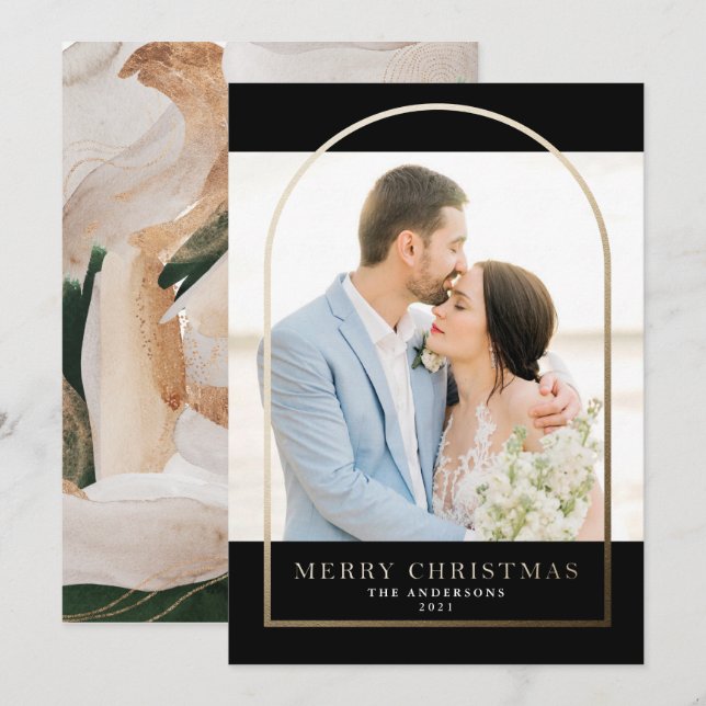 Modern Gold Foil Arched Frame Holiday Card (Front/Back)