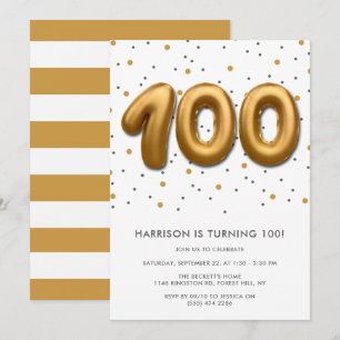 Modern Gold Foil Balloon 100th Birthday Invitation