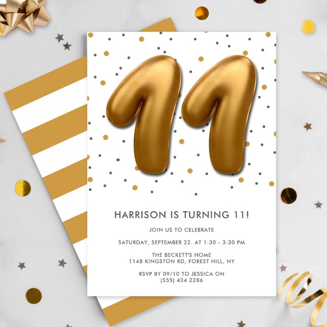 Modern Gold Foil Balloon 11th Birthday Invitation (Creator Uploaded)