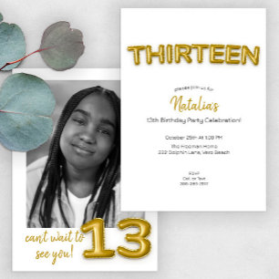 Modern Gold Foil Balloon 13th Birthday Party Photo Invitation