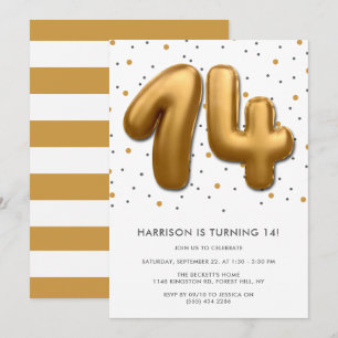Modern Gold Foil Balloon 14th Birthday Invitation