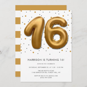 Modern Gold Foil Balloon 16th Birthday Invitation
