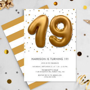 Modern Gold Foil Balloon 19th Birthday Invitation