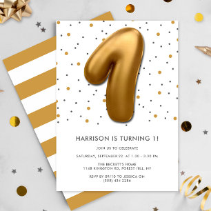 Modern Gold Foil Balloon 1st Birthday Invitation