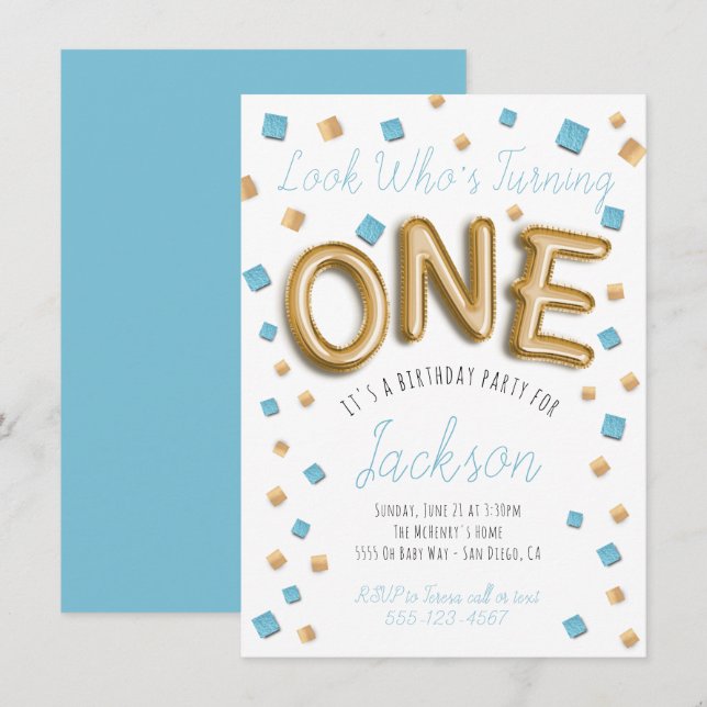 Modern Gold Foil Balloon 1st birthday Invitations (Front/Back)