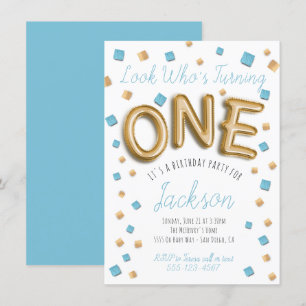 Modern Gold Foil Balloon 1st birthday Invitations