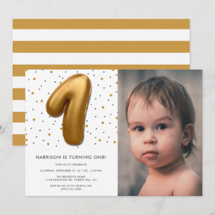 Modern Gold Foil Balloon 1st Birthday Photo Invitation
