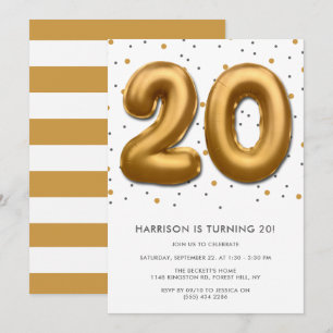 Modern Gold Foil Balloon 20th Birthday Invitation