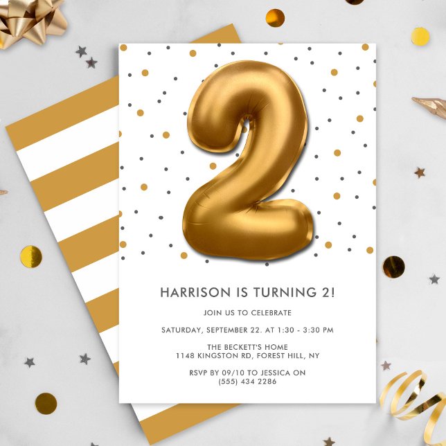 Modern Gold Foil Balloon 2nd Birthday Invitation (Creator Uploaded)