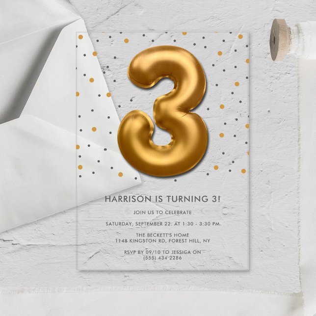 Modern Gold Foil Balloon 3rd Birthday Acrylic Invitations (Creator Uploaded)