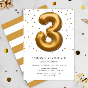 Modern Gold Foil Balloon 3rd Birthday Invitation