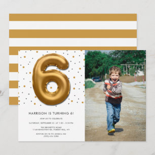 Modern Gold Foil Balloon 6th Birthday Photo Invitation