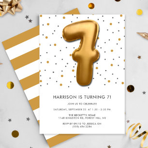 Modern Gold Foil Balloon 7th Birthday Invitation