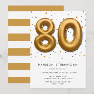 Modern Gold Foil Balloon 80th Birthday Invitation