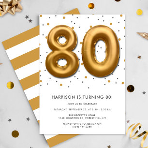 Modern Gold Foil Balloon 80th Birthday Invitation