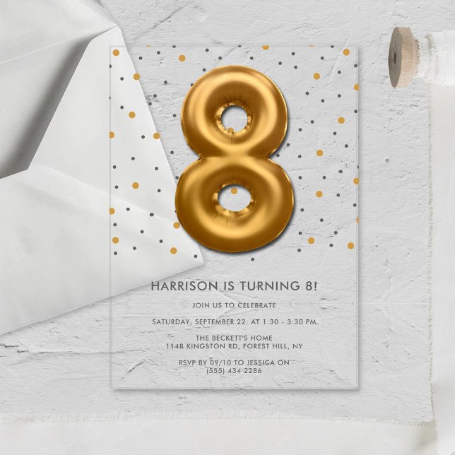 Modern Gold Foil Balloon 8th Birthday Acrylic Invitations (Creator Uploaded)