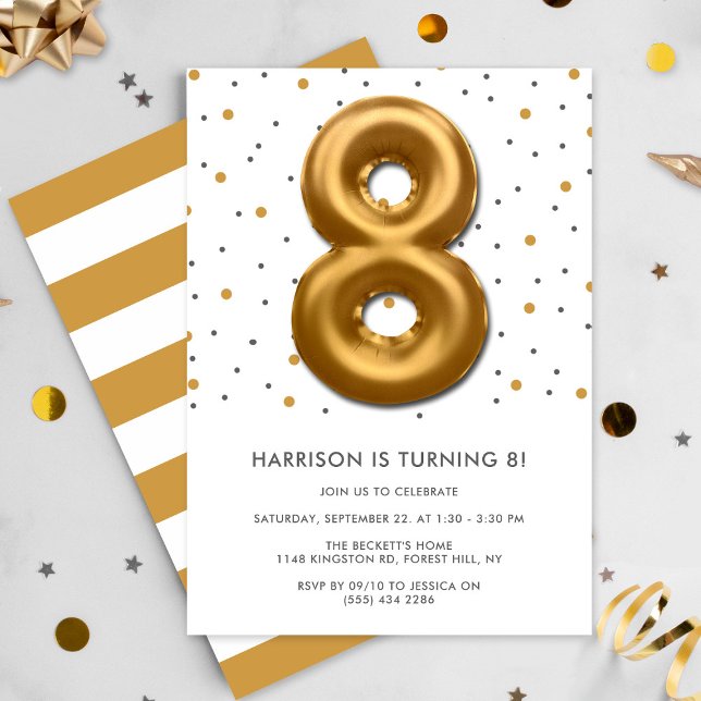 Modern Gold Foil Balloon 8th Birthday Invitation (Creator Uploaded)