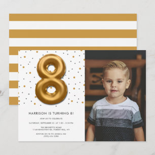 Modern Gold Foil Balloon 8th Birthday Photo Invitation