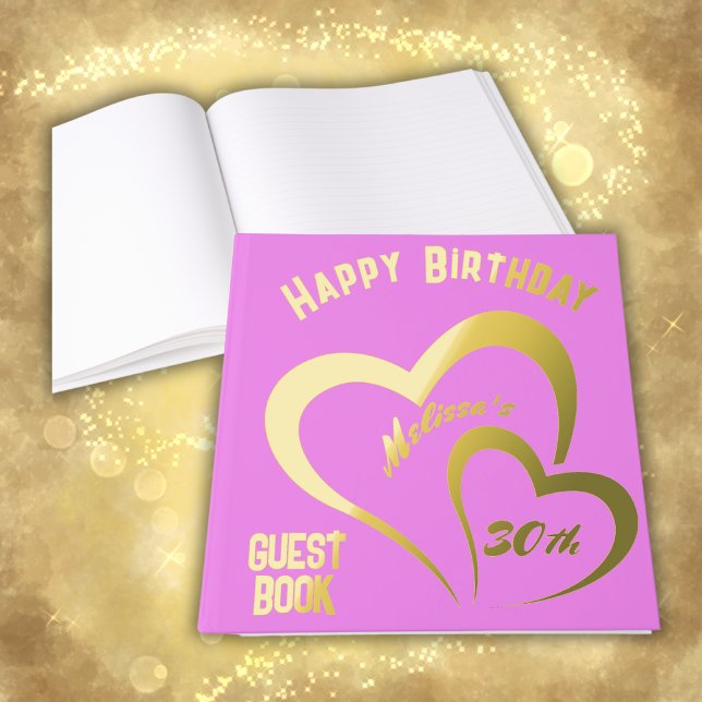 Modern Gold Foil Birthday on Pink - Monogram | Guest Book (Creator Uploaded)