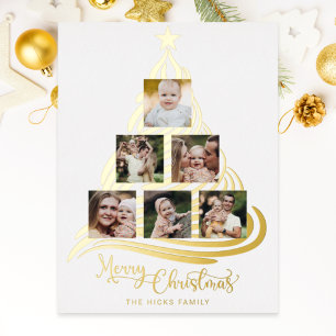 Modern Gold Foil Christmas Tree Family Multiphoto  Holiday Card