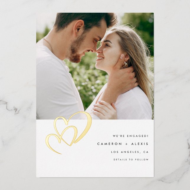 Modern Gold Foil Double Heart Photo Engagement (Front)