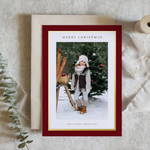 Modern Gold Foil Frame Burgundy Photo Christmas Holiday Card