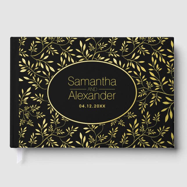 Modern gold foil leaves and frame black wedding guest book (Front)