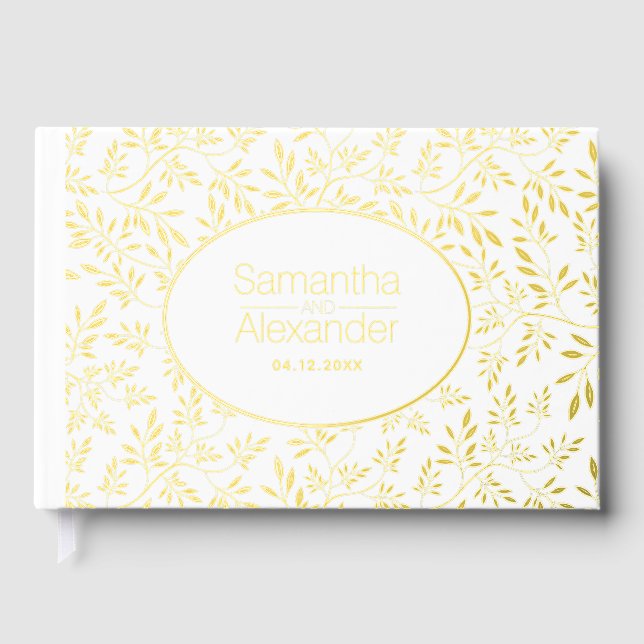Modern gold foil leaves and frame wedding guest book (Front)