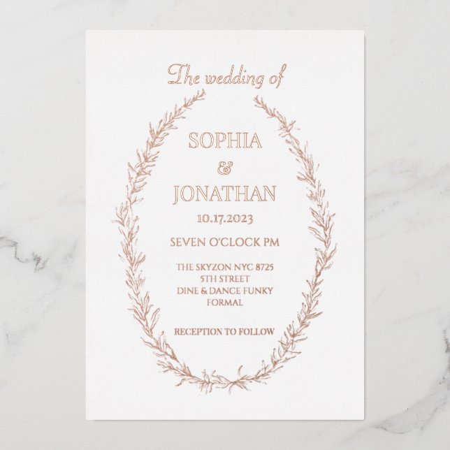 Modern gold foil leaves wedding invitation  (Front)