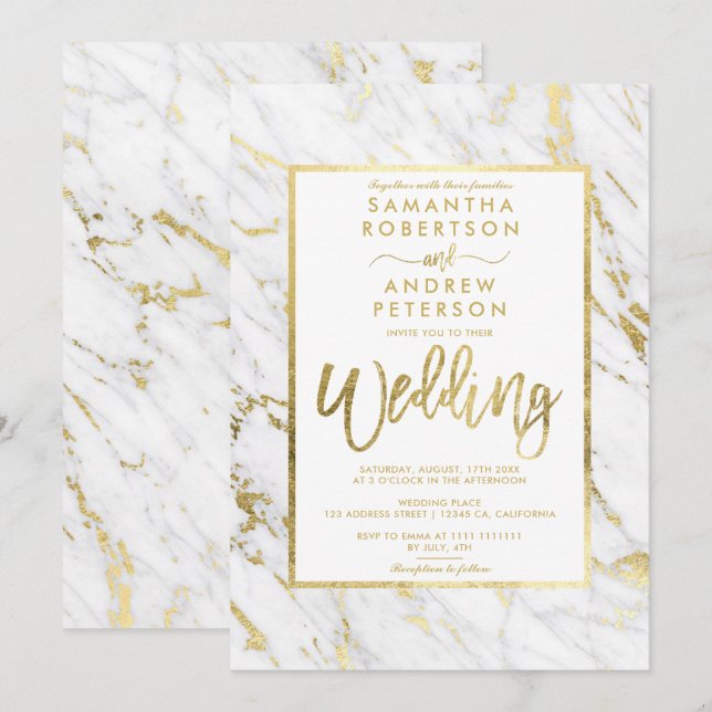 Modern gold foil marble script elegant wedding invitation (Front/Back)