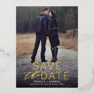 Modern Gold Foil Overlay Full Photo Save the Date Foil Invitation Postcard