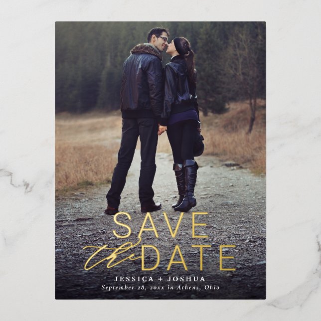 Modern Gold Foil Overlay Full Photo Save the Date Foil Invitation Postcard (Front)