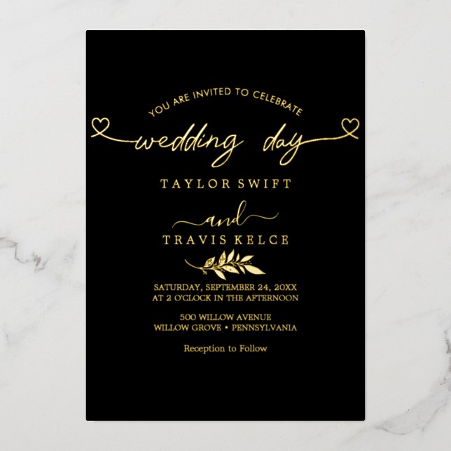 Modern Gold Foil Script Black Photo Wedding  (Front)