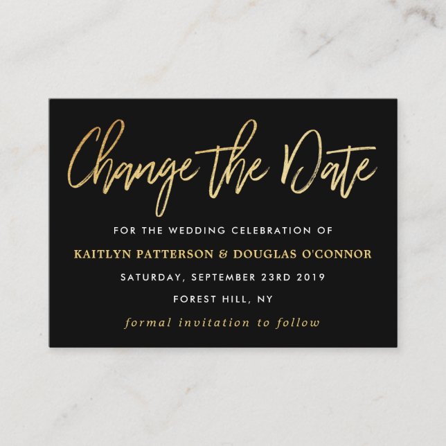 Modern Gold Foil Script Change The Date Enclosure Card (Front)