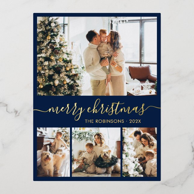 Modern Gold Foil Script Collage Holiday Postcard (Front)