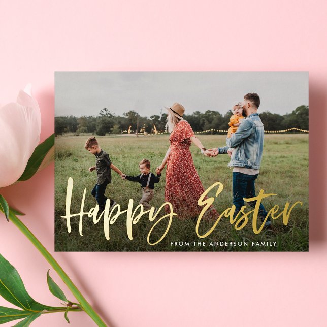 Modern Gold Foil Script Happy Easter Photo Holiday Card (Creator Uploaded)