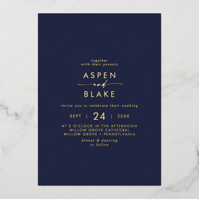 Modern Gold Foil Script | Navy Casual Wedding (Front)