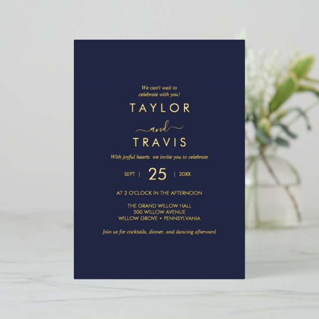 Modern Gold Foil Script | Navy Casual Wedding (Standing Front)