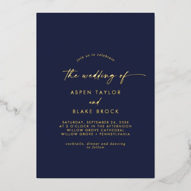 Modern Gold Foil Script | Navy The Wedding Of (Front)