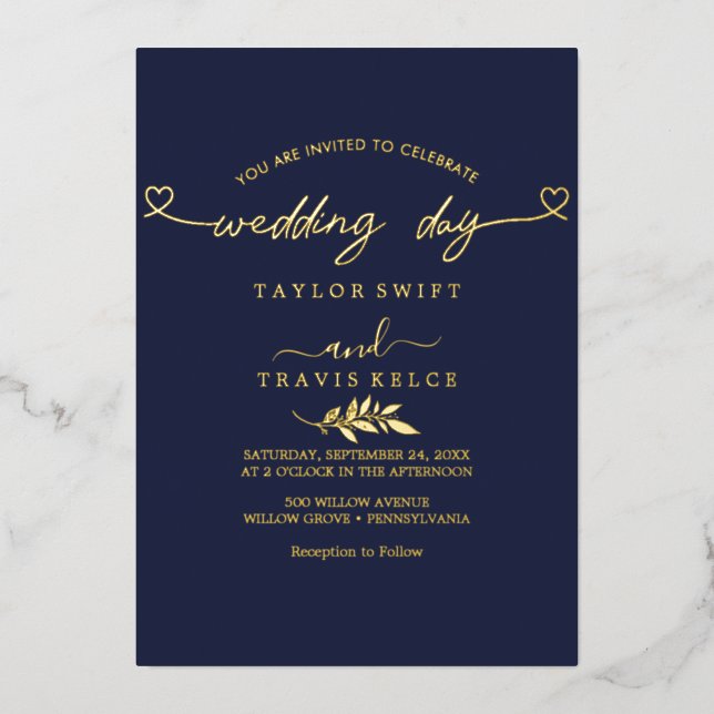 Modern Gold Foil Script Navy Wedding day (Front)