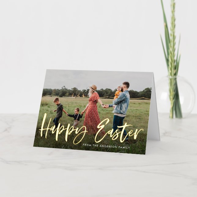 Modern Gold Foil Script Photo Happy Easter Card (Front)