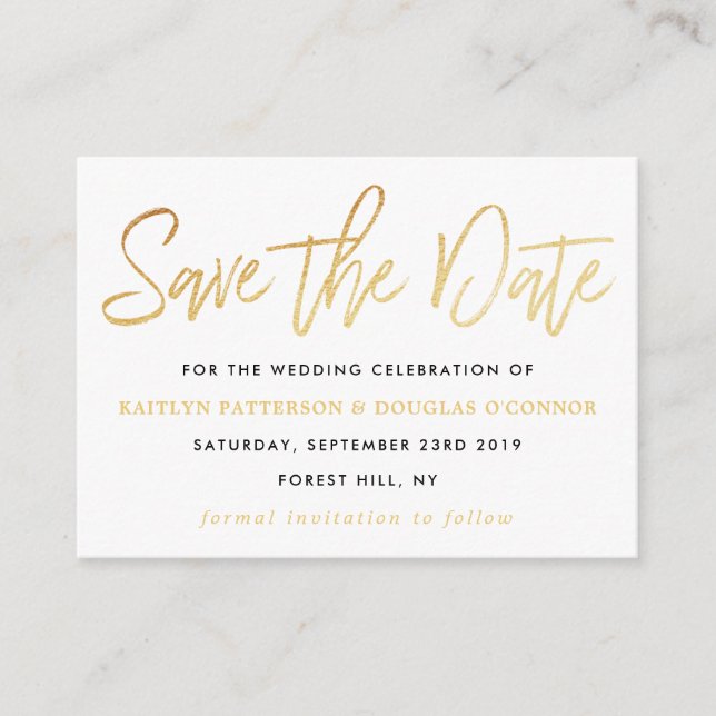 Modern Gold Foil Script Save The Date Enclosure Card (Front)