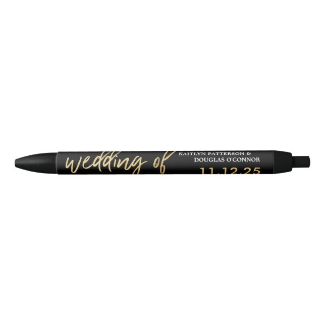 Modern Gold Foil Script Wedding Favor Black Ink Pen (Front)