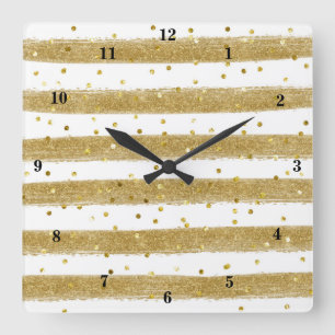 Modern Gold Foil, White, Stripes, Confetti Clock