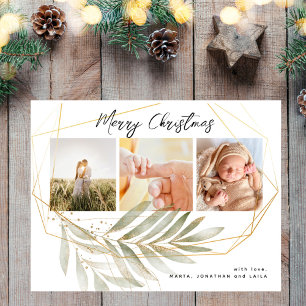 Modern Gold Foliage 3 Photo Collage Christmas  Postcard