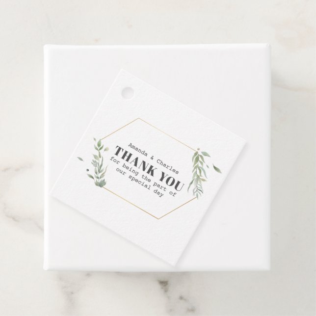 Modern Gold & Foliage Frame Favour Tags (In Situ)