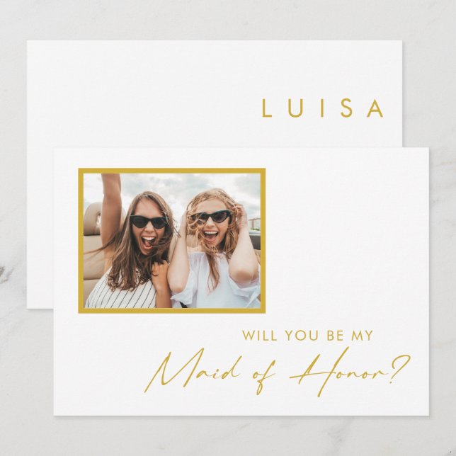Modern Gold Font Photo Maid of Honour Proposal Car Invitation (Front/Back)