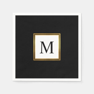 Modern Gold Frame Black White Monogram Wedding Napkin