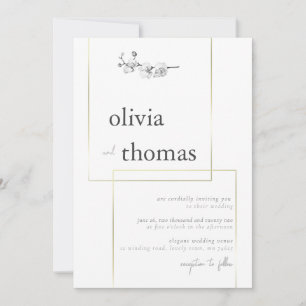 Modern Gold Frame Boho Black White Orchid Wedding Invitation